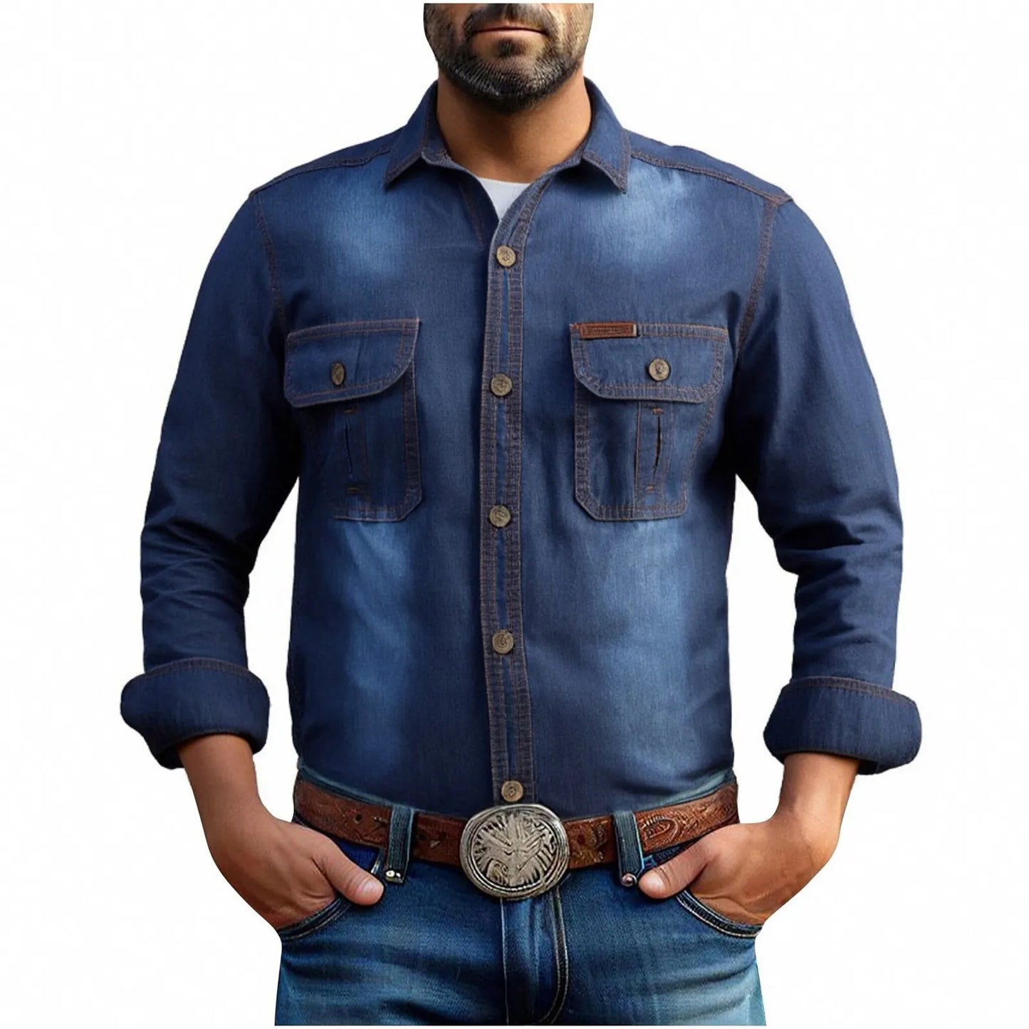 Men Denim Casual Slim Shirts Male Cotton Light Blue Multi-pocket Tooling Shirts Quality Man Large Long-sleeved Shirts Size 3XL