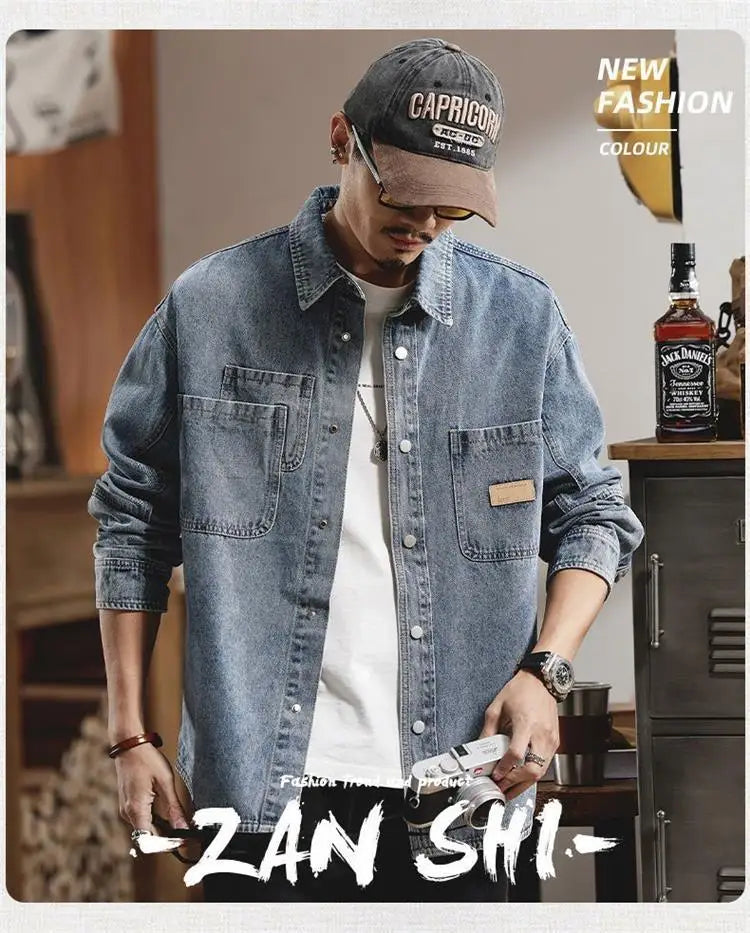 American Classic Denim Shirt Men's Long-sleeved Autumn and Winter Trendy Brand Loose Casual Tooling Jacket, Coat
