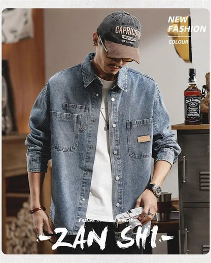 American Classic Denim Shirt Men's Long-sleeved Autumn and Winter Trendy Brand Loose Casual Tooling Jacket, Coat