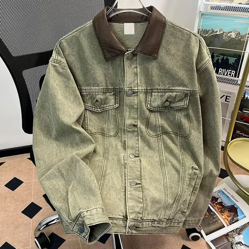 Men's Denim Jacket Color Block Turn Down Collar Retro Autumn Washed Design Denim jackets Men Loose Outerwear Cowboy Windbreaker