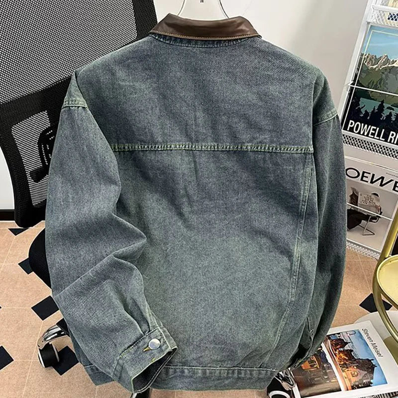 Men's Denim Jacket Color Block Turn Down Collar Retro Autumn Washed Design Denim jackets Men Loose Outerwear Cowboy Windbreaker