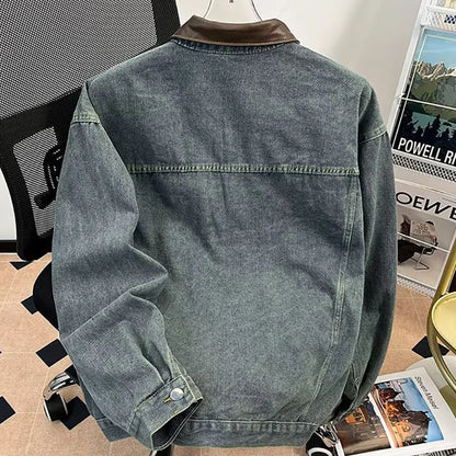 Men's Denim Jacket Color Block Turn Down Collar Retro Autumn Washed Design Denim jackets Men Loose Outerwear Cowboy Windbreaker