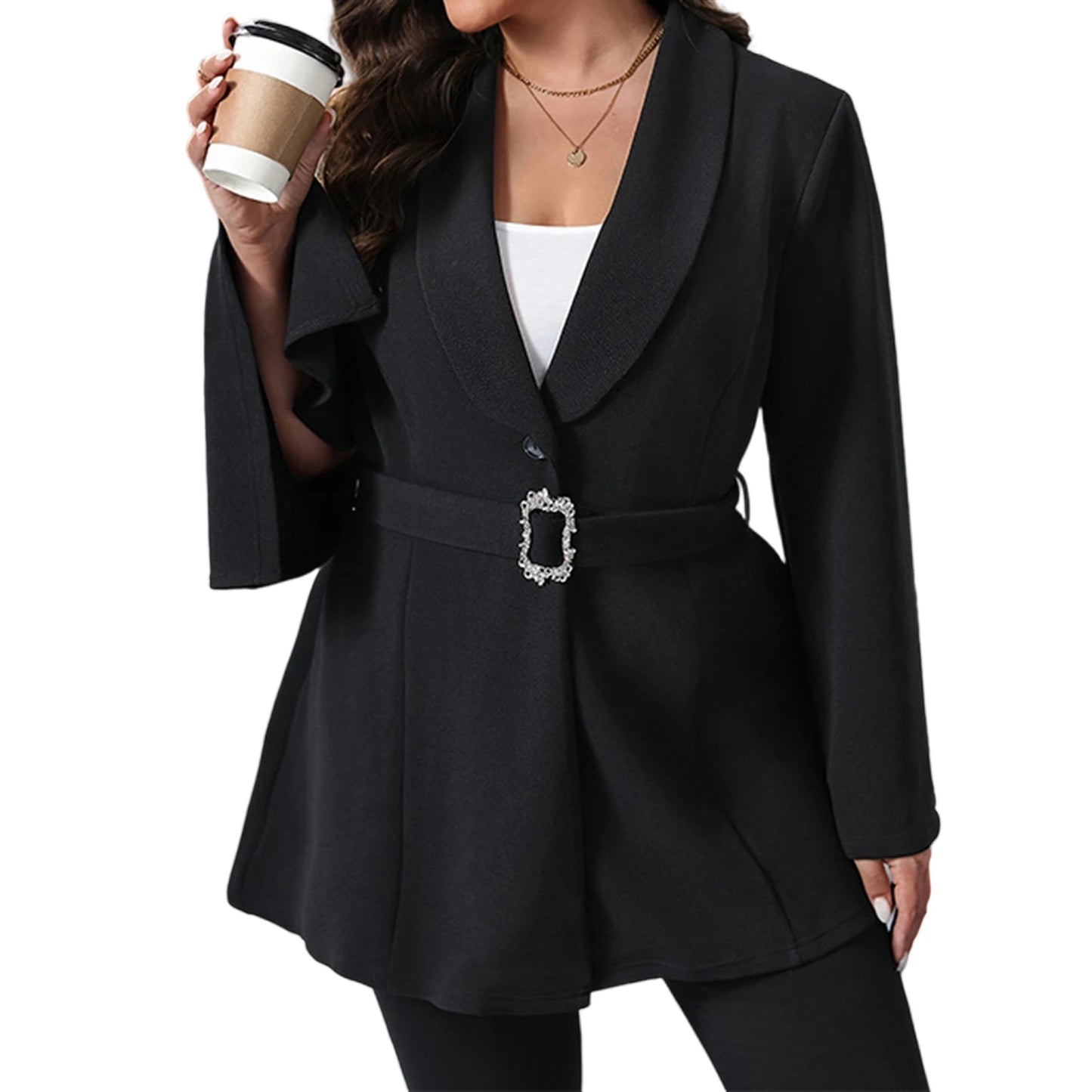 Women's Plus Size Blazer, Solid Color Long Flare Sleeve Lapel V-Neck One Button Coat Work Office Jacket Clothing