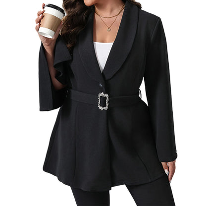 Women's Plus Size Blazer, Solid Color Long Flare Sleeve Lapel V-Neck One Button Coat Work Office Jacket Clothing
