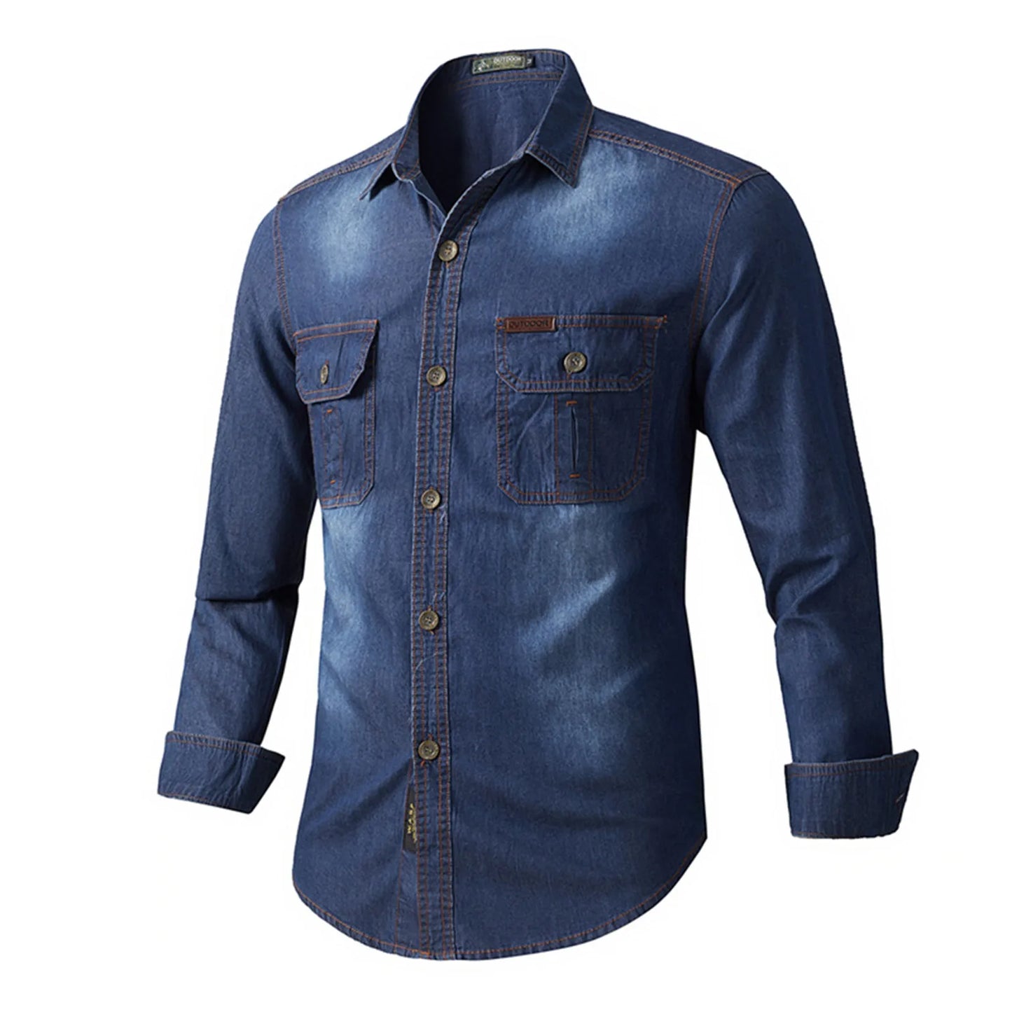 Men Denim Casual Slim Shirts Male Cotton Light Blue Multi-pocket Tooling Shirts Quality Man Large Long-sleeved Shirts Size 3XL