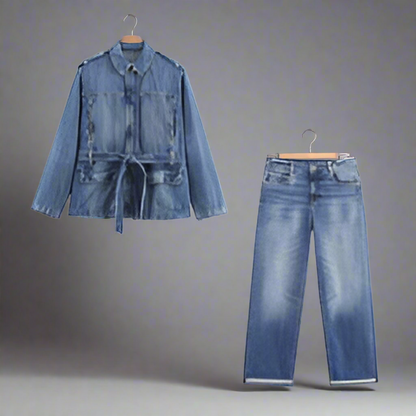 Authentic denim autumn new women's casual fashion with belt denim button down  jacket + straight trousers