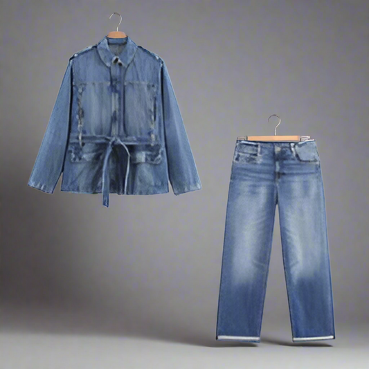 Authentic denim autumn new women's casual fashion with belt denim button down  jacket + straight trousers