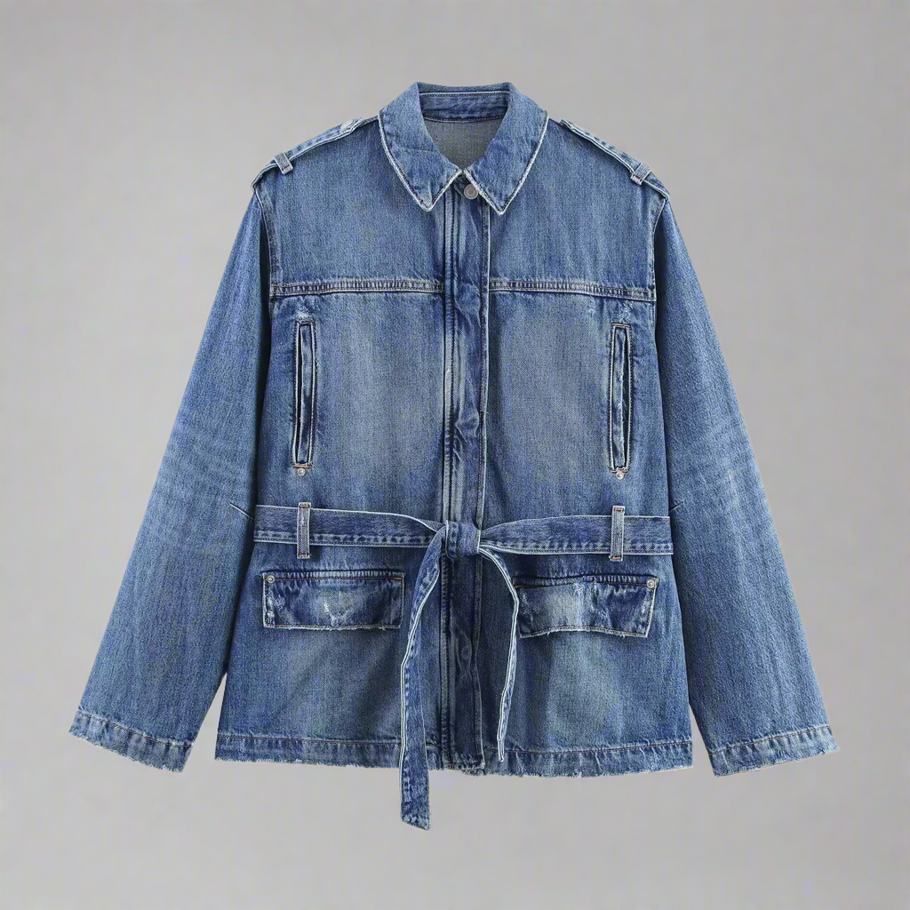 Authentic denim autumn new women's casual fashion with belt denim button down  jacket + straight trousers