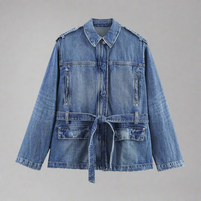 Authentic denim autumn new women's casual fashion with belt denim button down  jacket + straight trousers