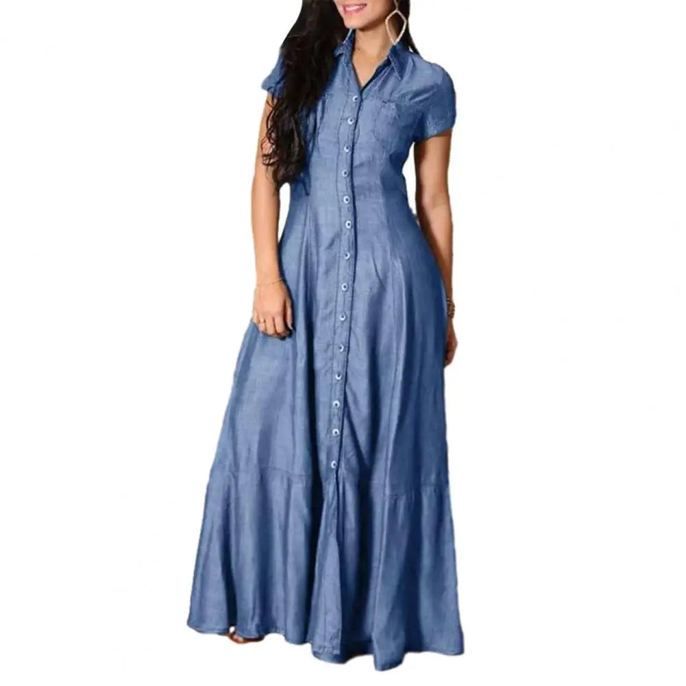 Women Denim Dress Elegant Denim Dress with Ruffle Hem Patch Pockets Women's A-line High Waist Long Dress for Casual or Formal