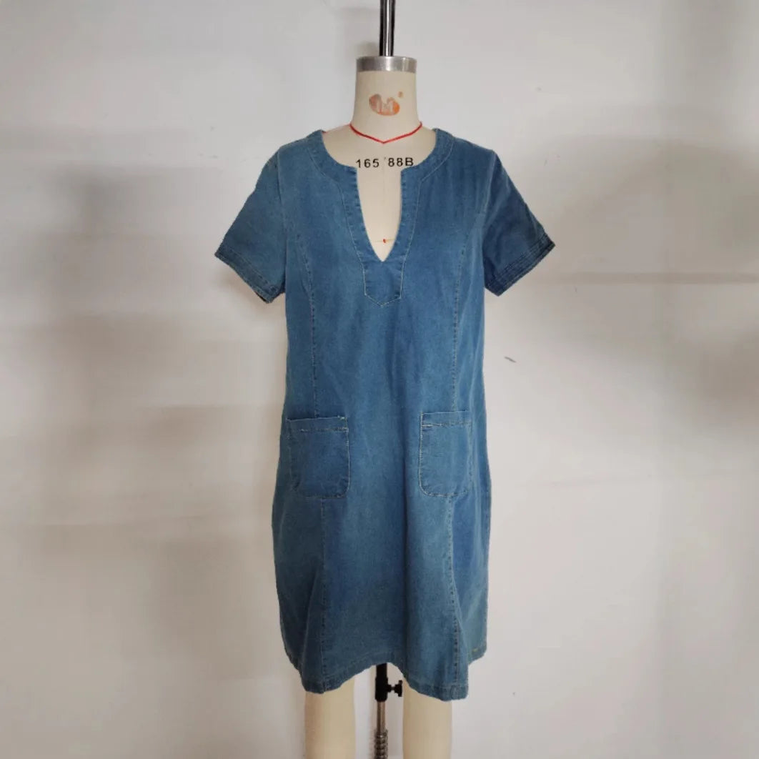 Denim Dress Women Streetwear Dresses V Neck Short Sleeves Pockets A Line Vintage Distressed Washed Female 2025 Summer Vestidos