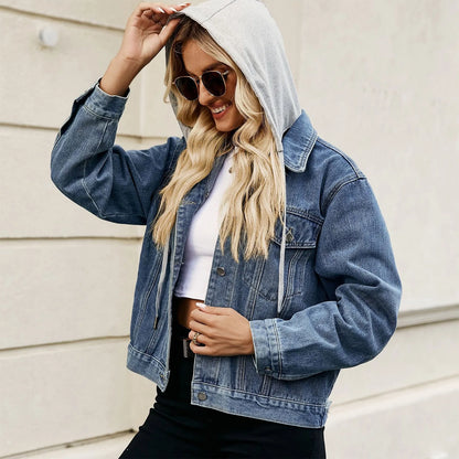 Women Denim Cost Hooded Single Breasted Button Jackets Patchwork Outerwear Cardigan Pockets High Street Warm Solid Slim Fit