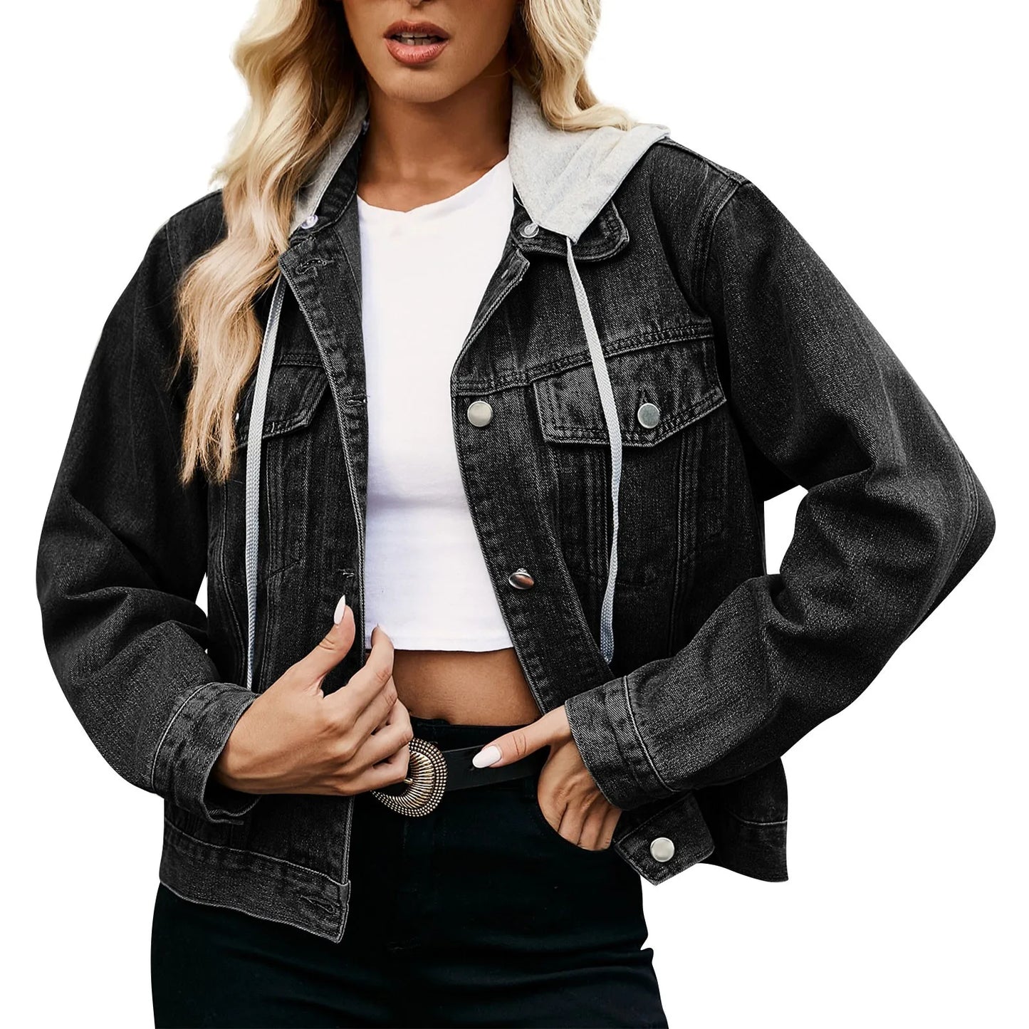 Women Denim Cost Hooded Single Breasted Button Jackets Patchwork Outerwear Cardigan Pockets High Street Warm Solid Slim Fit