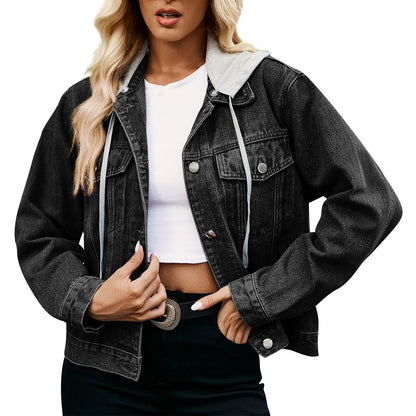 Women Denim Cost Hooded Single Breasted Button Jackets Patchwork Outerwear Cardigan Pockets High Street Warm Solid Slim Fit
