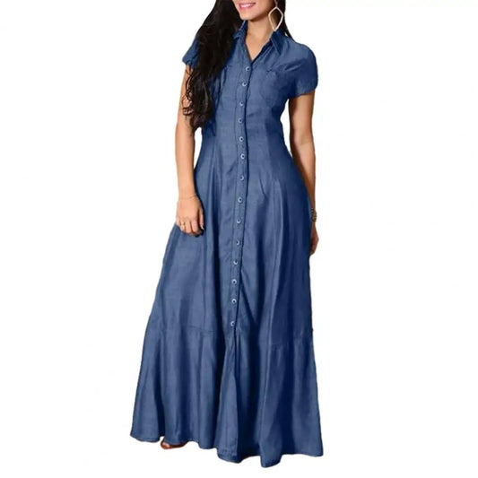 Women Denim Dress Elegant Denim Dress with Ruffle Hem Patch Pockets Women's A-line High Waist Long Dress for Casual or Formal
