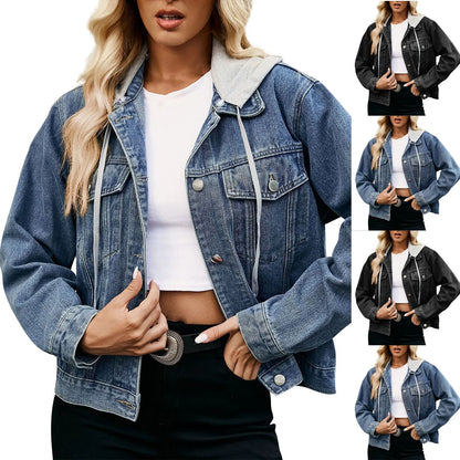Women Denim Cost Hooded Single Breasted Button Jackets Patchwork Outerwear Cardigan Pockets High Street Warm Solid Slim Fit