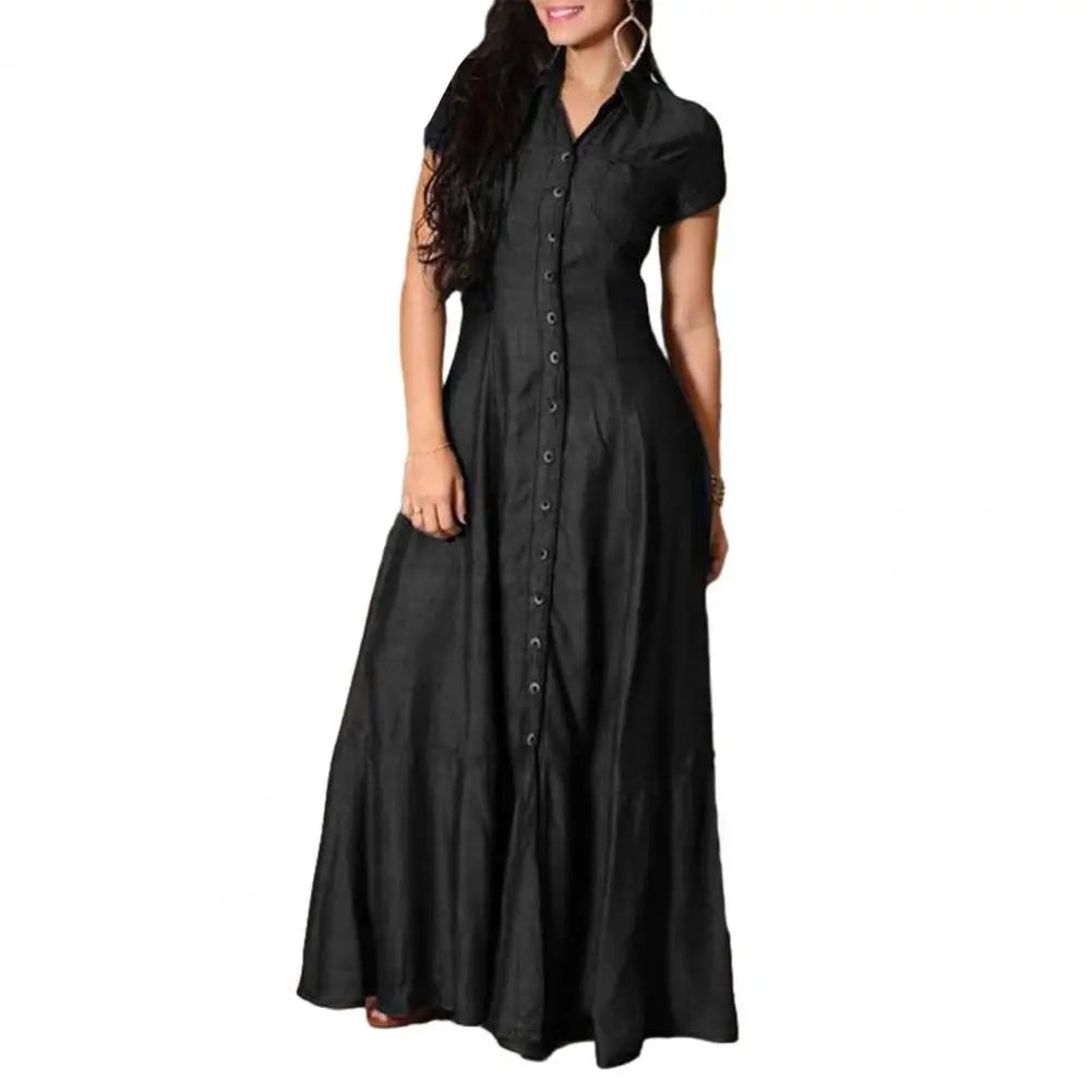 Women Denim Dress Elegant Denim Dress with Ruffle Hem Patch Pockets Women's A-line High Waist Long Dress for Casual or Formal