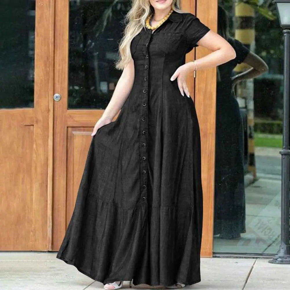 Women Denim Dress Elegant Denim Dress with Ruffle Hem Patch Pockets Women's A-line High Waist Long Dress for Casual or Formal