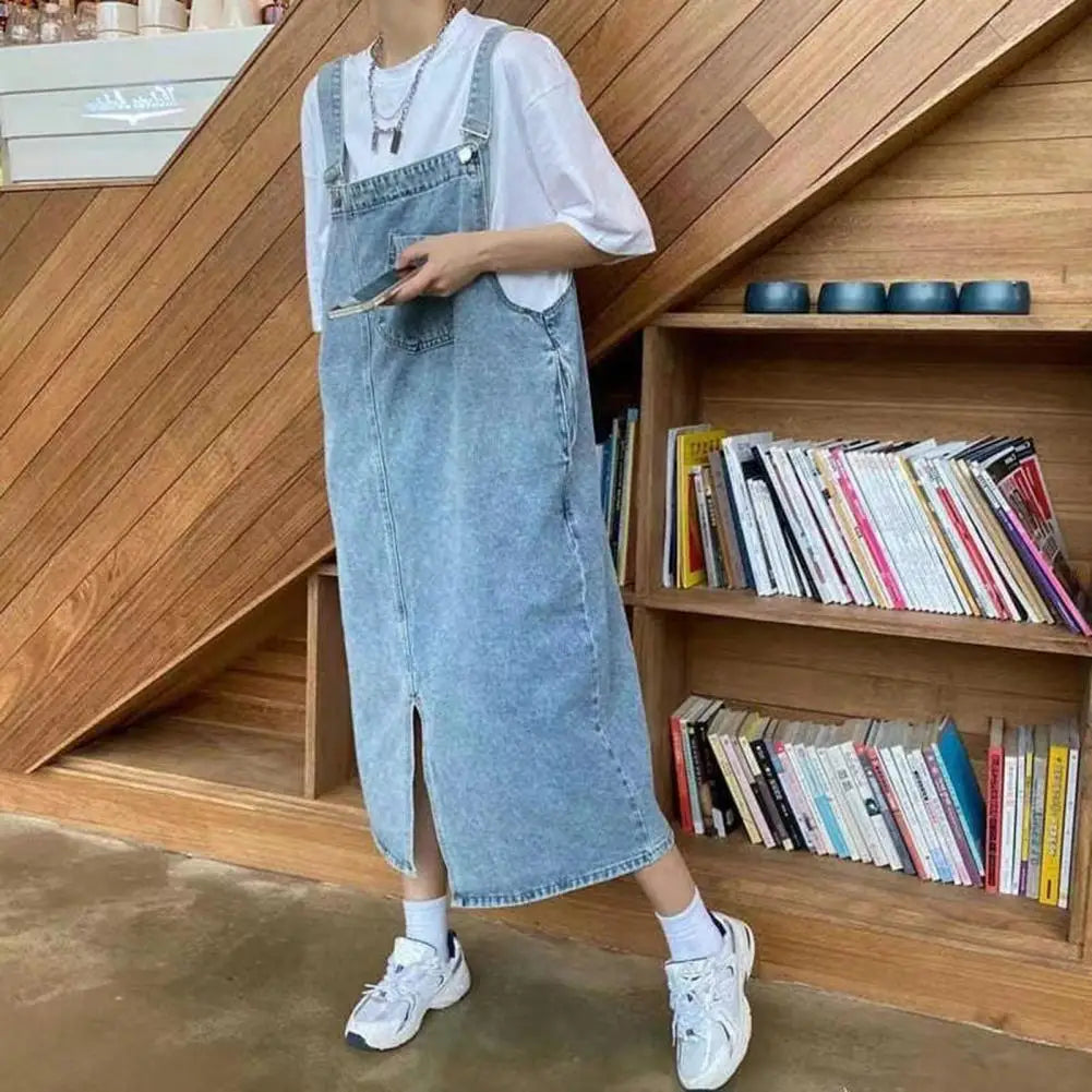 Women Denim Overall Dress Irregular Chest Pocket Side Split Fashion Sleeveless Jeans Dress Spaghetti Strap Dresses Jumper Dress