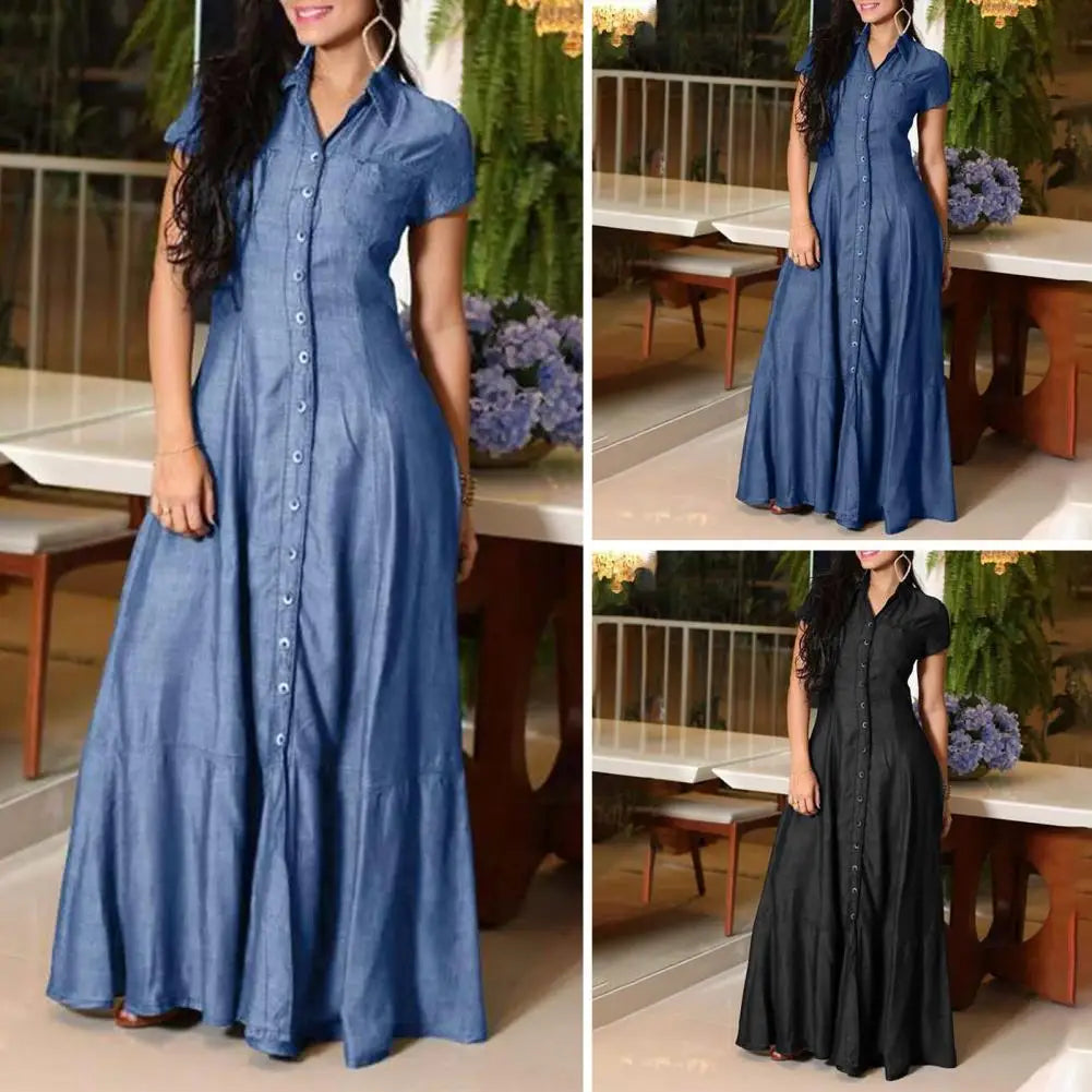 Women Denim Dress Elegant Denim Dress with Ruffle Hem Patch Pockets Women's A-line High Waist Long Dress for Casual or Formal