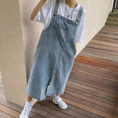 Women Denim Overall Dress Irregular Chest Pocket Side Split Fashion Sleeveless Jeans Dress Spaghetti Strap Dresses Jumper Dress
