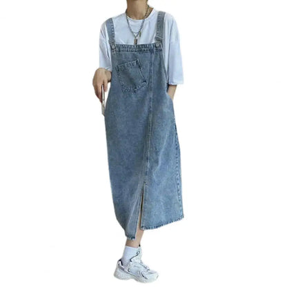 Women Denim Overall Dress Irregular Chest Pocket Side Split Fashion Sleeveless Jeans Dress Spaghetti Strap Dresses Jumper Dress