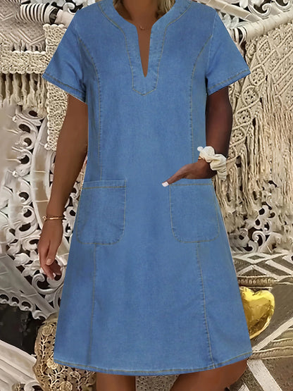 Denim Dress Women Streetwear Dresses V Neck Short Sleeves Pockets A Line Vintage Distressed Washed Female 2025 Summer Vestidos