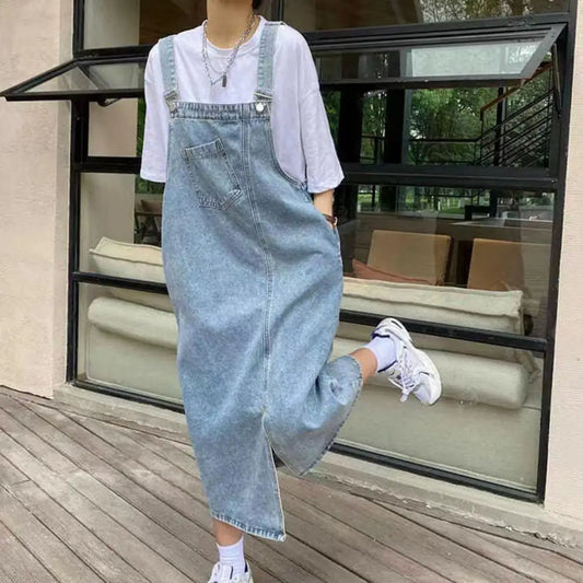 Women Denim Overall Dress Irregular Chest Pocket Side Split Fashion Sleeveless Jeans Dress Spaghetti Strap Dresses Jumper Dress