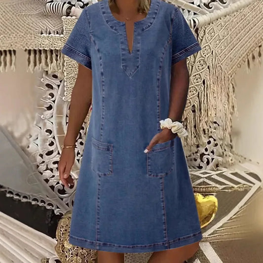 Denim Dress Women Streetwear Dresses V Neck Short Sleeves Pockets A Line Vintage Distressed Washed Female 2025 Summer Vestidos
