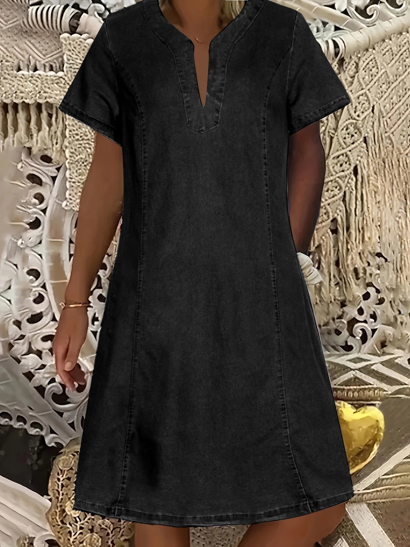 Denim Dress Women Streetwear Dresses V Neck Short Sleeves Pockets A Line Vintage Distressed Washed Female 2025 Summer Vestidos