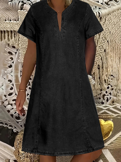 Denim Dress Women Streetwear Dresses V Neck Short Sleeves Pockets A Line Vintage Distressed Washed Female 2025 Summer Vestidos