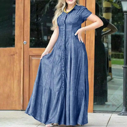 Women Denim Dress Elegant Denim Dress with Ruffle Hem Patch Pockets Women's A-line High Waist Long Dress for Casual or Formal