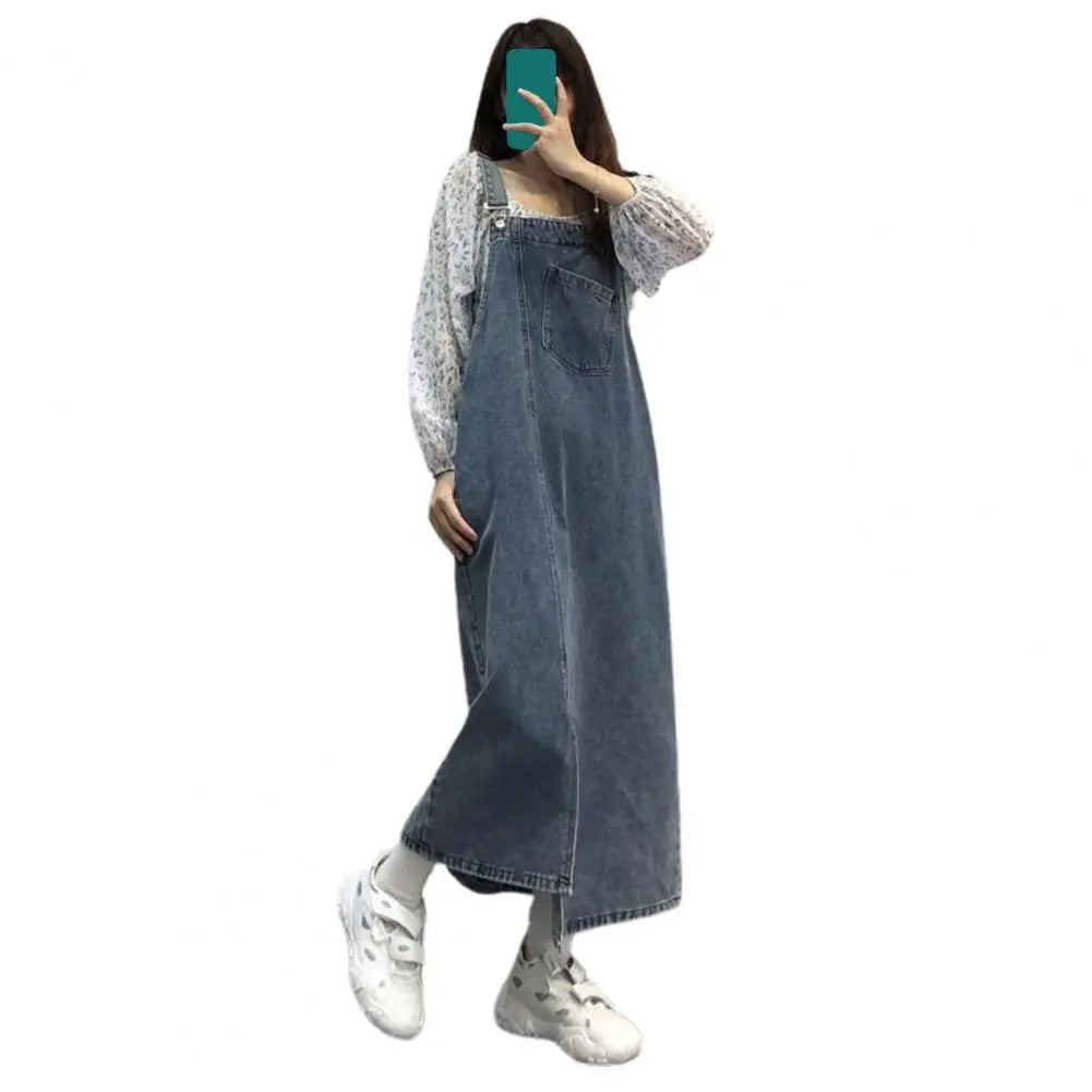 Women Denim Overall Dress Irregular Chest Pocket Side Split Fashion Sleeveless Jeans Dress Spaghetti Strap Dresses Jumper Dress