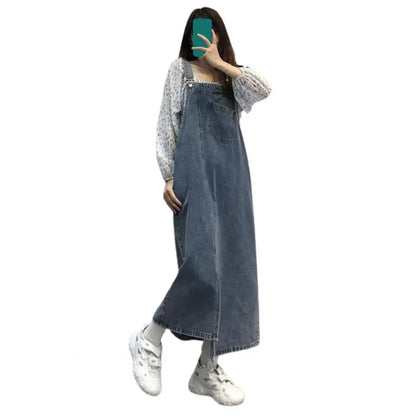 Women Denim Overall Dress Irregular Chest Pocket Side Split Fashion Sleeveless Jeans Dress Spaghetti Strap Dresses Jumper Dress
