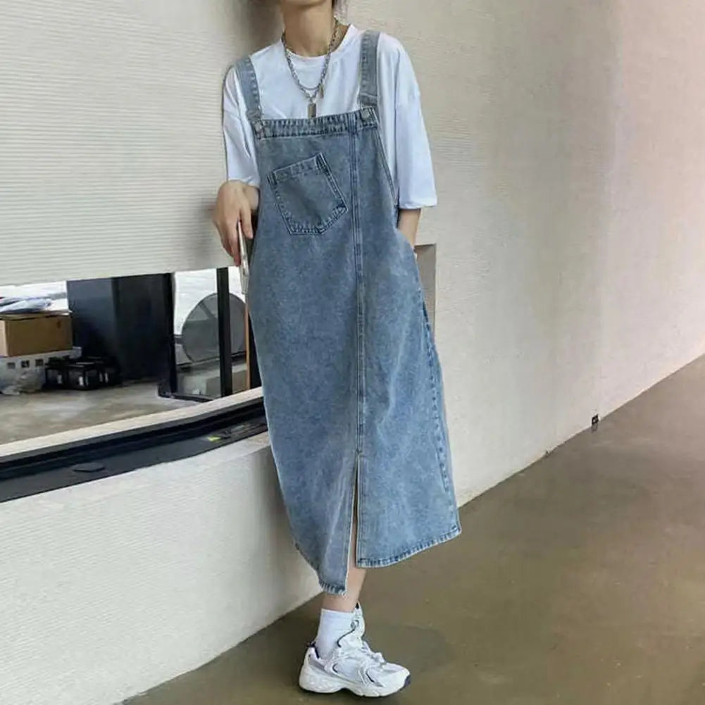 Women Denim Overall Dress Irregular Chest Pocket Side Split Fashion Sleeveless Jeans Dress Spaghetti Strap Dresses Jumper Dress