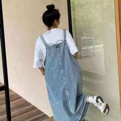 Women Denim Overall Dress Irregular Chest Pocket Side Split Fashion Sleeveless Jeans Dress Spaghetti Strap Dresses Jumper Dress