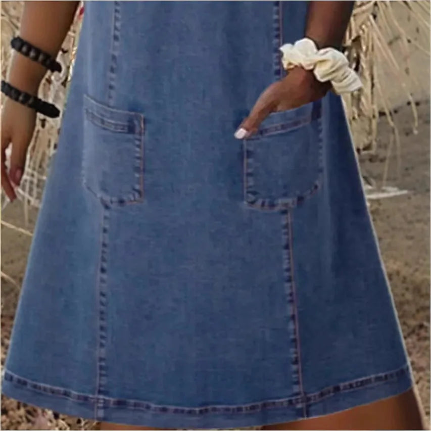 Denim Dress Women Streetwear Dresses V Neck Short Sleeves Pockets A Line Vintage Distressed Washed Female 2025 Summer Vestidos