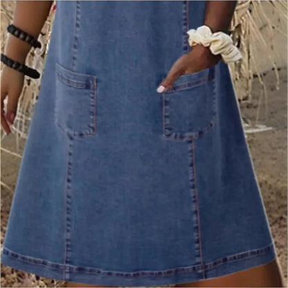 Denim Dress Women Streetwear Dresses V Neck Short Sleeves Pockets A Line Vintage Distressed Washed Female 2025 Summer Vestidos