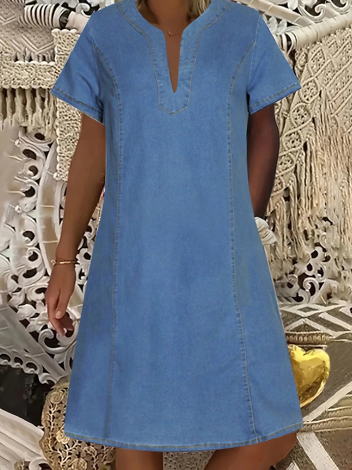 Denim Dress Women Streetwear Dresses V Neck Short Sleeves Pockets A Line Vintage Distressed Washed Female 2025 Summer Vestidos