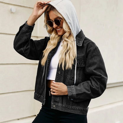 Women Denim Cost Hooded Single Breasted Button Jackets Patchwork Outerwear Cardigan Pockets High Street Warm Solid Slim Fit