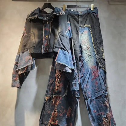WTHT New Fashion Women's Patchwork Wash Lapel Long Sleeve Denim Jacket High Waist Straight Jeans Female 2025 Autumn 1LS2310