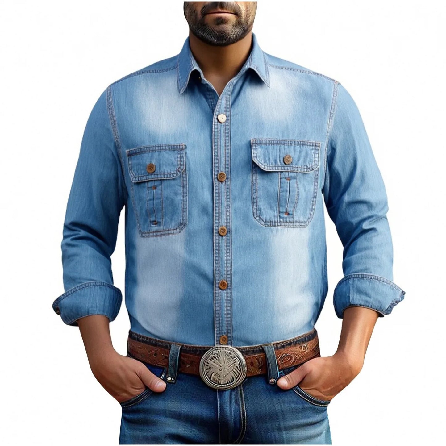 Men Denim Casual Slim Shirts Male Cotton Light Blue Multi-pocket Tooling Shirts Quality Man Large Long-sleeved Shirts Size 3XL