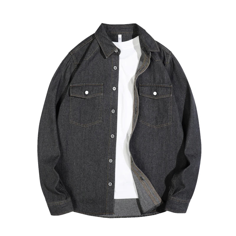 2025 Spring Autumn New Arrival Men's American Vintage Washed Denim Shirt - Workwear Casual Long Sleeve Shirt Jacket