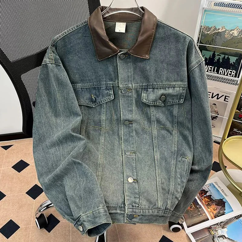 Men's Denim Jacket Color Block Turn Down Collar Retro Autumn Washed Design Denim jackets Men Loose Outerwear Cowboy Windbreaker
