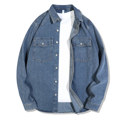 2025 Spring Autumn New Arrival Men's American Vintage Washed Denim Shirt - Workwear Casual Long Sleeve Shirt Jacket