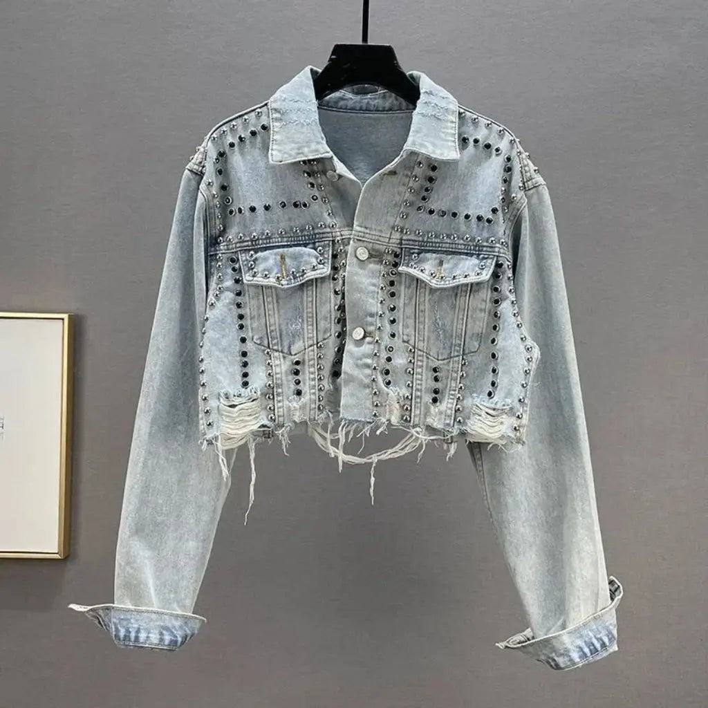 Women's Diamond Beaded Denim Jacket Heavy Industry Rivet Detail Worn Look European Station Fashion Top