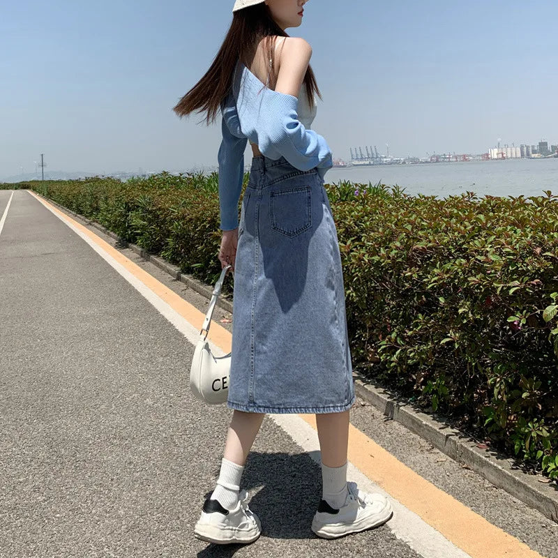 Denim Skirts Spliced Washed Ankle Length Skirt Women High Waist Solid Zipper Fly Loose Distressed Straight Pockets Basics