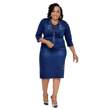 2 Piece Sets Women Denim Skirt Suit Short Coat Zipper Round Collar Jacket Slim Fit Dress Outfits Casual Suits Female Ensemble