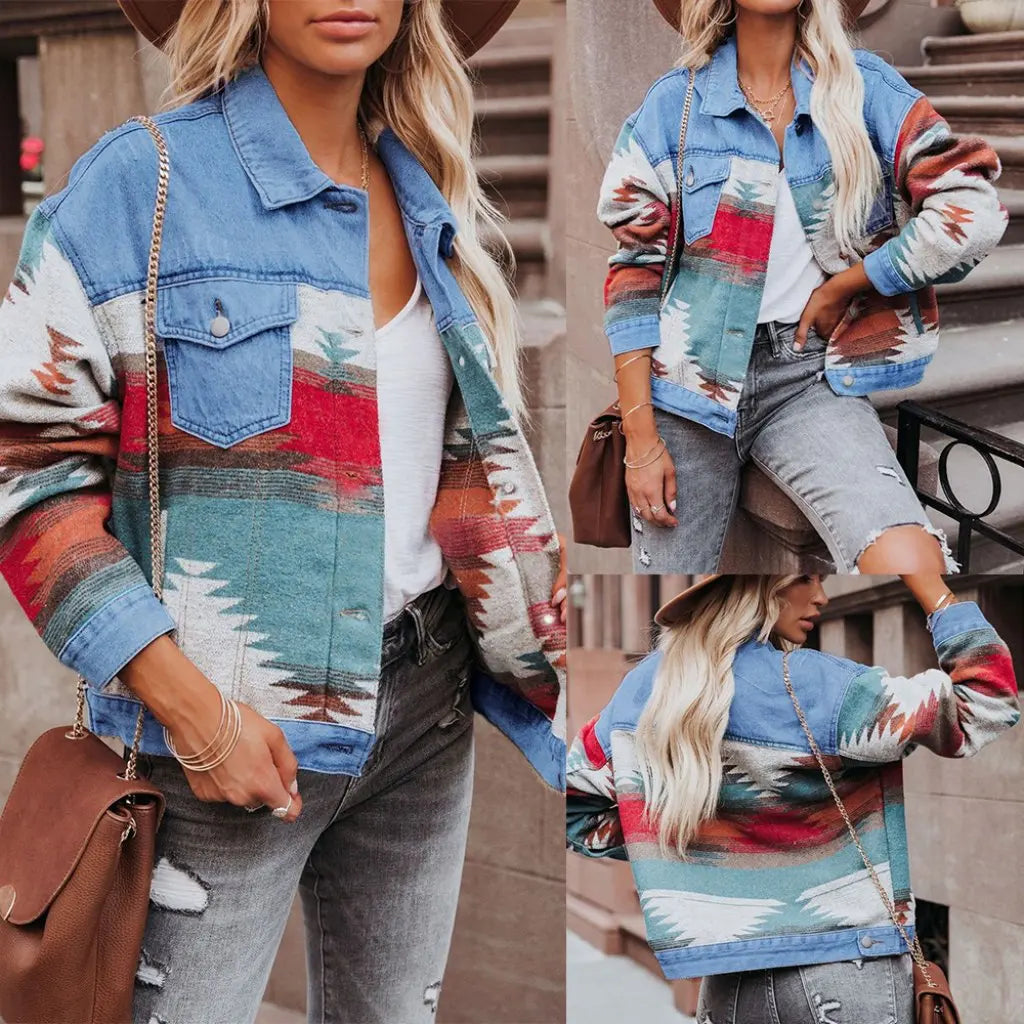 Women's Autumn Short Denim Jacket Washed Color Matched European And US Style Independent Station Clothing