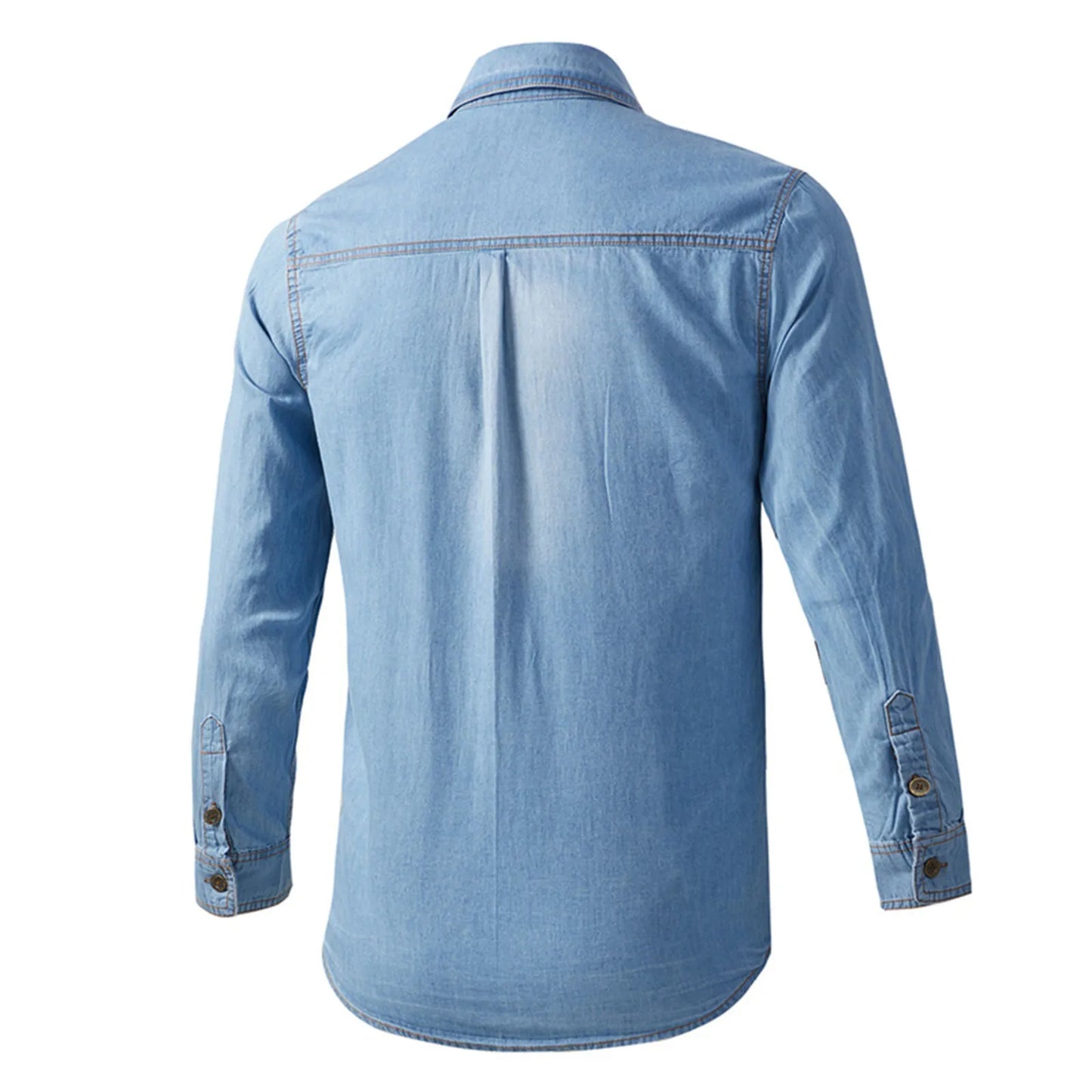 Men Denim Casual Slim Shirts Male Cotton Light Blue Multi-pocket Tooling Shirts Quality Man Large Long-sleeved Shirts Size 3XL